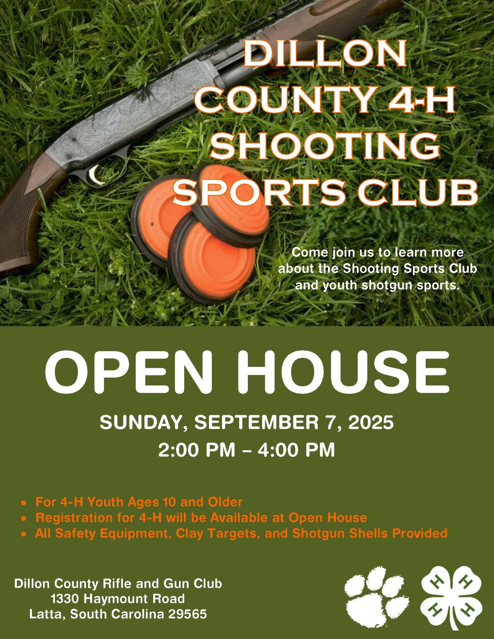Flyer for County 4-H Shooting Sports Club open house with shotgun, clay targets, event date Sunday, September 7, 2025, from 2–4 PM, and program highlights.