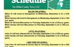 Volleyball schedule listing games for Dillon, Latta, Lake View, and Dillon Christian School teams with dates and times, set on a yellow and green background.