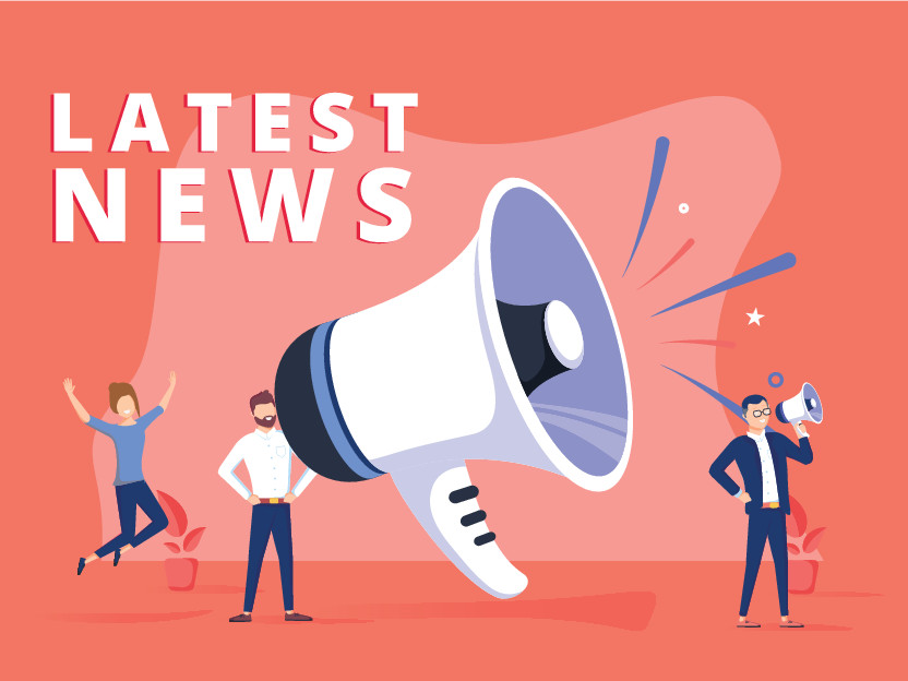 Illustration of a large megaphone with people around it, and the words “Latest News” in bold white letters on a red background.