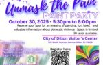 Flyer for "Unmask the Pain" paint party on October 30, 2025, featuring event details, registration QR code, contact info, and purple artistic design with a masquerade mask graphic.