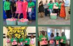 Four photos of people in green and pink outfits, presenting gift bags at different locations, standing in groups and smiling.