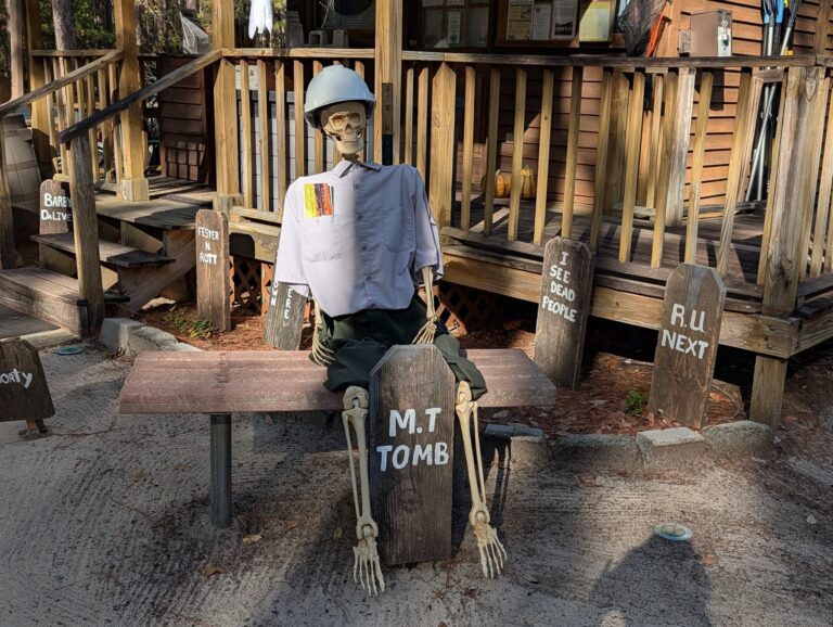 Skeleton wearing a shirt and hat sitting on a bench, with a gravestone marked "M.T. Tomb" in front, outside a rustic wooden building.