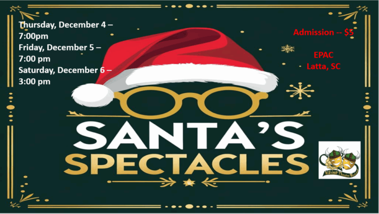 Illustration of round spectacles with a Santa hat above the words "Santa’s Spectacles" on a dark green background with festive decorations and event dates.