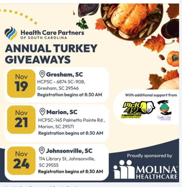 Annual Turkey Giveaways flyer with dates, locations in South Carolina, turkey image, logos, and event registration details. Sponsored by Molina Healthcare.