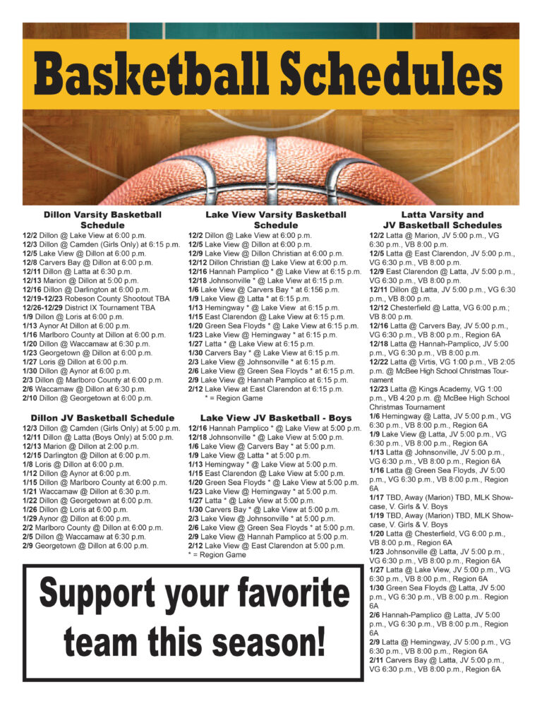 Basketball graphic at top, with columns of basketball schedules listed below. Text includes team names, game dates, and a "Support your favorite team" message at the bottom.