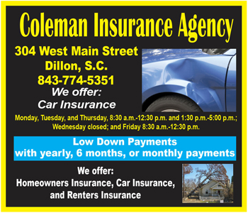 Coleman Insurance Agency advertisement with contact details, office hours, and services offered including car, homeowners, and renters insurance. Features photo of a car and agency building.