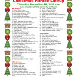 Christmas parade lineup list with 60 entries, including schools, organizations, and groups, decorated with festive tree, ornament, and gingerbread house graphics on both sides.