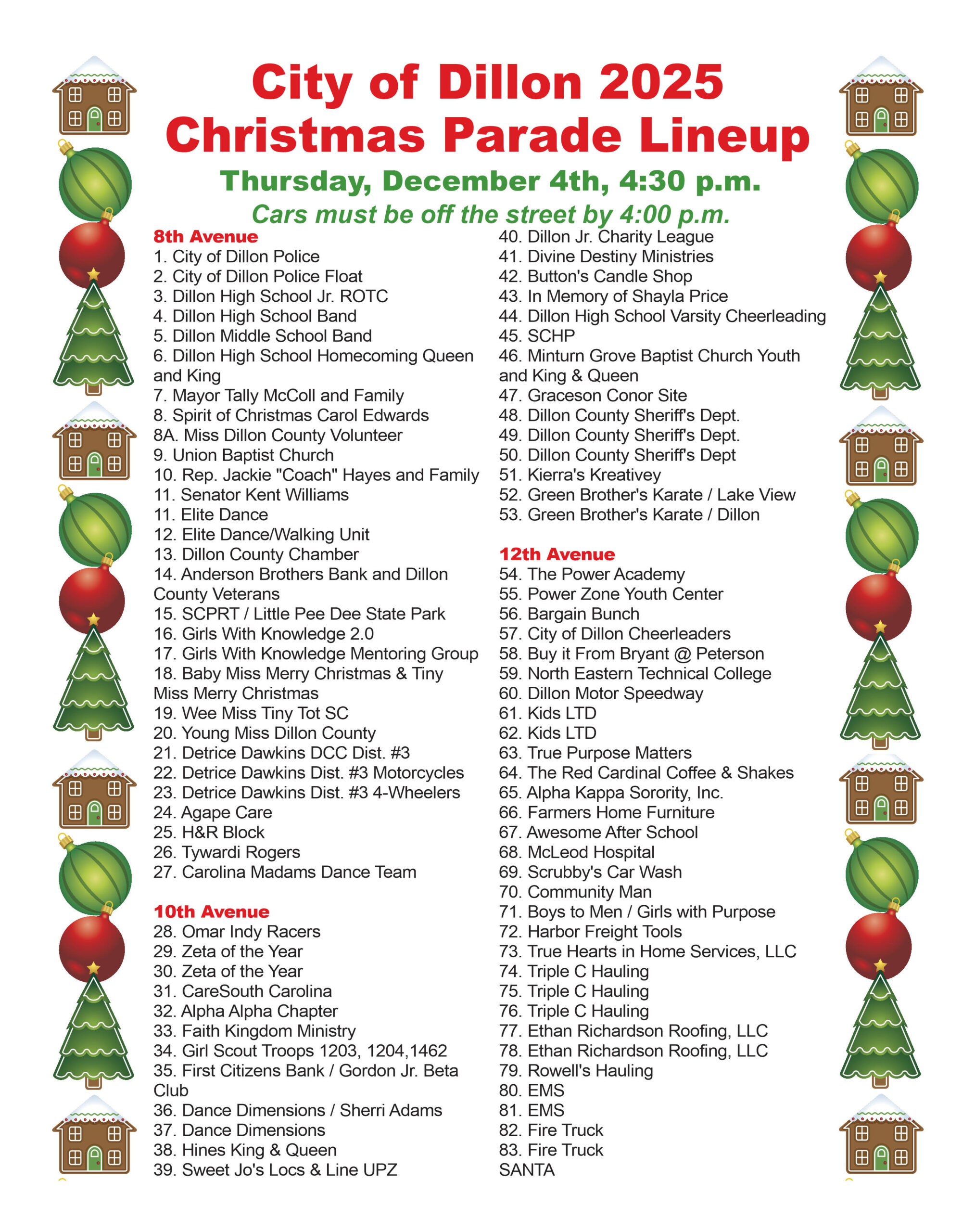 Christmas parade lineup list with 60 entries, including schools, organizations, and groups, decorated with festive tree, ornament, and gingerbread house graphics on both sides.