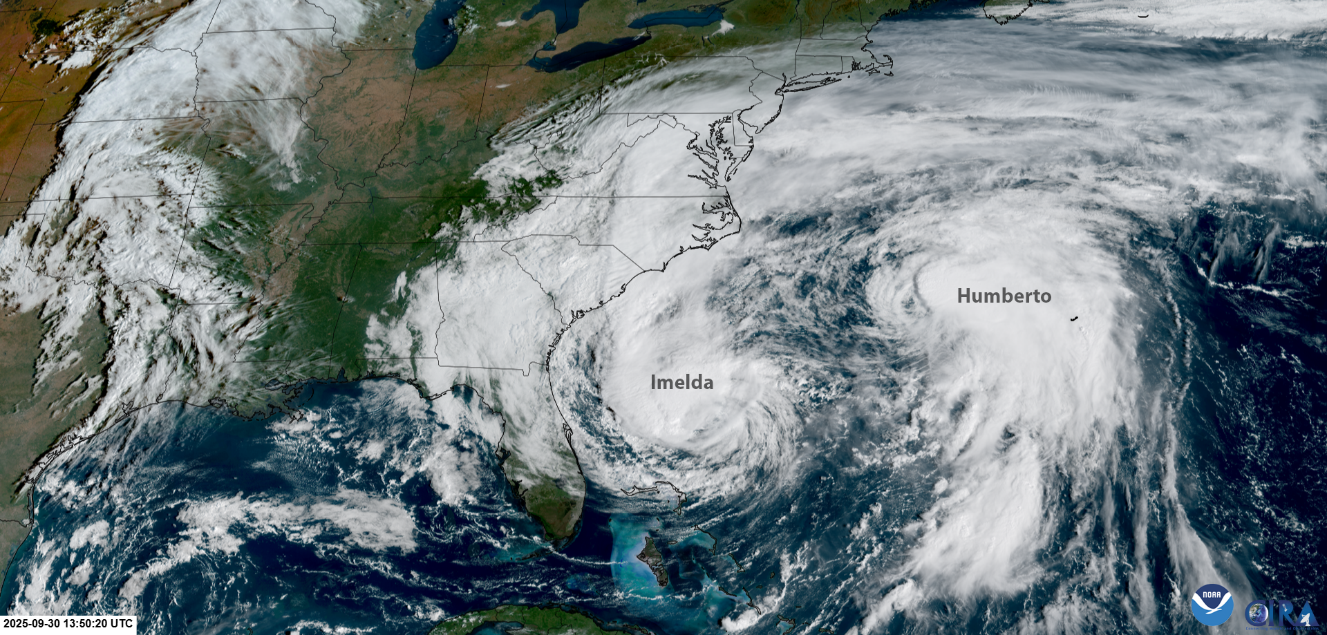 Satellite image of Hurricane Ian swirling over the southeastern United States, with thick clouds covering several states and the Atlantic Ocean.