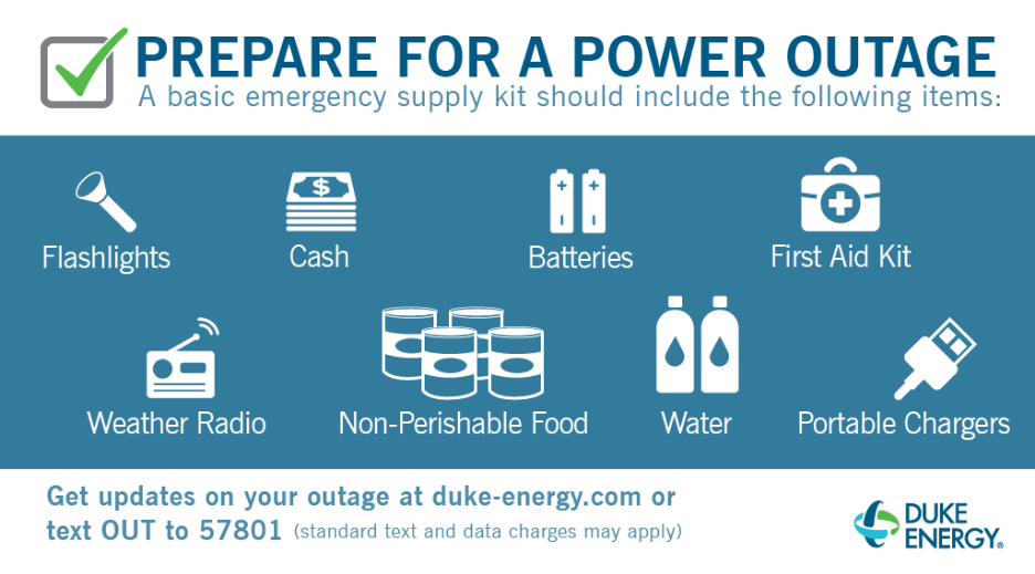 Power outage preparedness checklist with icons: cash, batteries, flashlight, radio, non-perishable food, water, and medicine. Includes contact info for reporting an outage at Duke Energy.