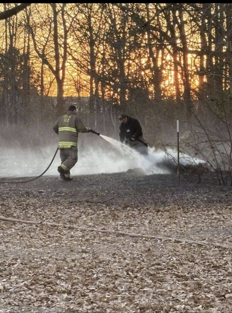 Two firefighters spray water on a smoky, burnt patch in a wooded area at sunset, surrounded by trees.