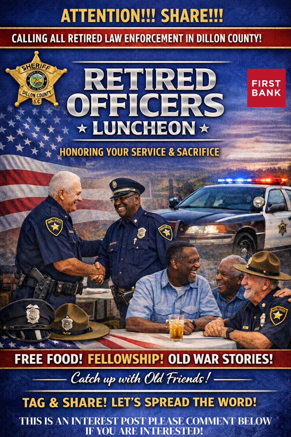 Retired police officers gather for a luncheon, smiling and talking at a table with food, American flag and police cars in the background.