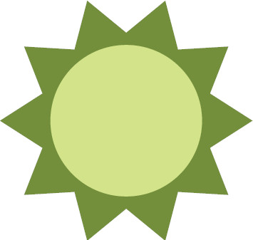 A simple graphic of a green sun with pointed rays and a circular center on a white background.