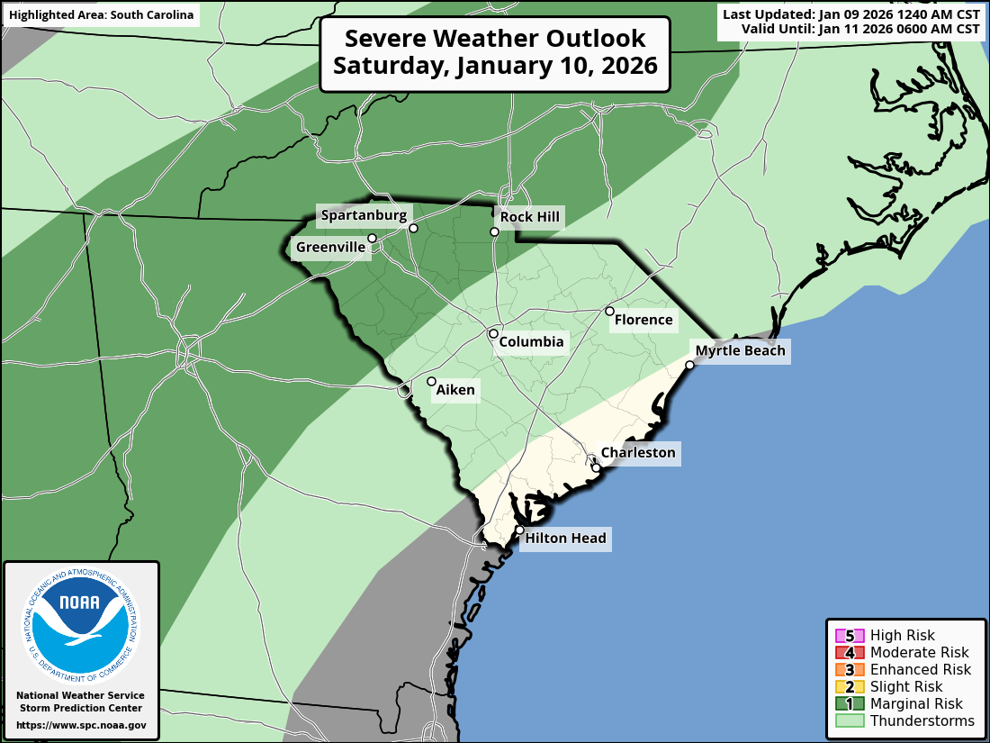 Severe weather outlook map for South Carolina and surrounding areas on January 10, 2026, with regions shaded in different green tones indicating risk levels.