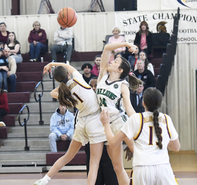 Two girls’ basketball teams jump for the ball in a gym, with fans watching from the bleachers in the background.