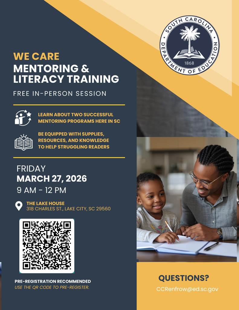 Flyer for mentoring and literacy training event with date, time, location, and QR code. Image shows adult and child reading together, smiling.