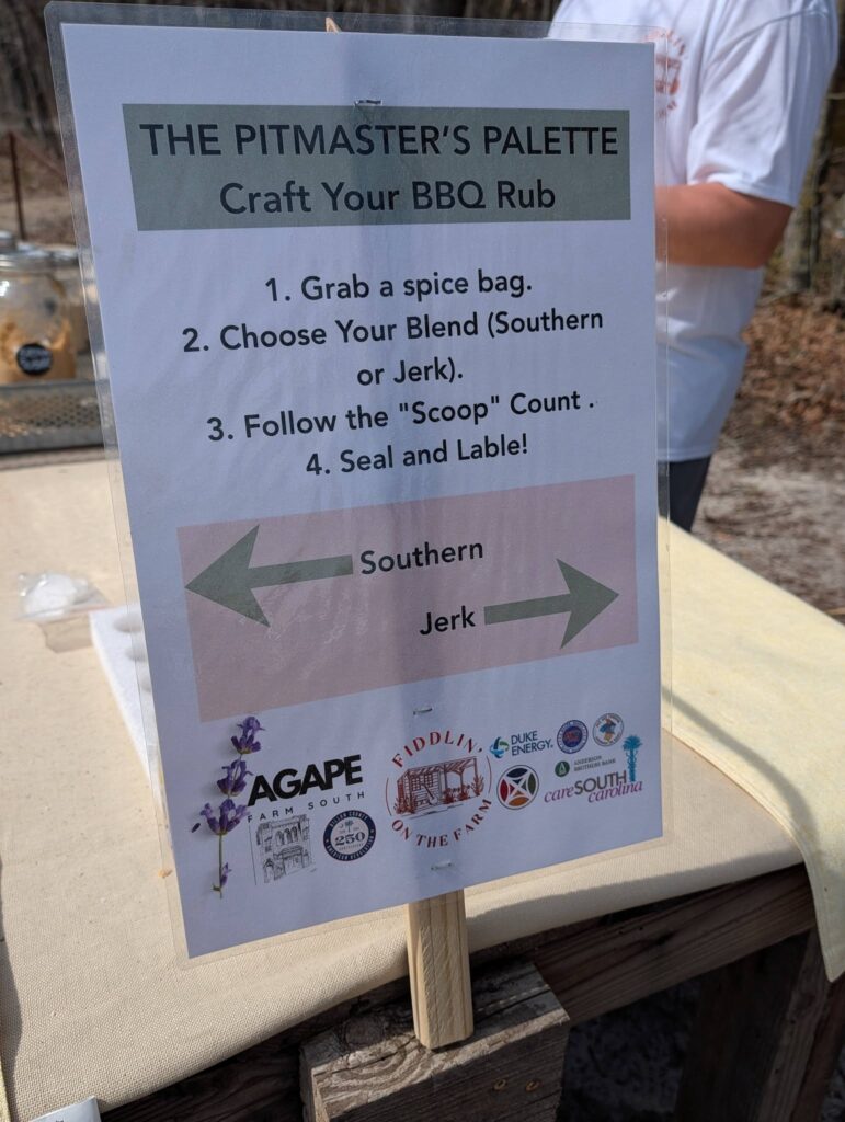 Sign instructing to craft BBQ rub: grab a spice bag, choose southern or jerk blend, follow scoop count. Left arrow for Southern, right arrow for Jerk.
