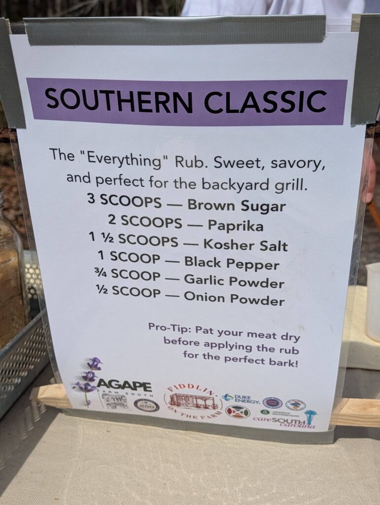 Recipe card titled "Southern Classic" lists ingredients and measurements for an "Everything" Rub featuring brown sugar, paprika, spices, and a grilling tip at the bottom.