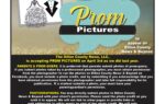 Flyer announces prom picture submissions for The Clinton Courier, with a crown graphic, instructions for sending photos, rules, and contact information set against a gold and black background.