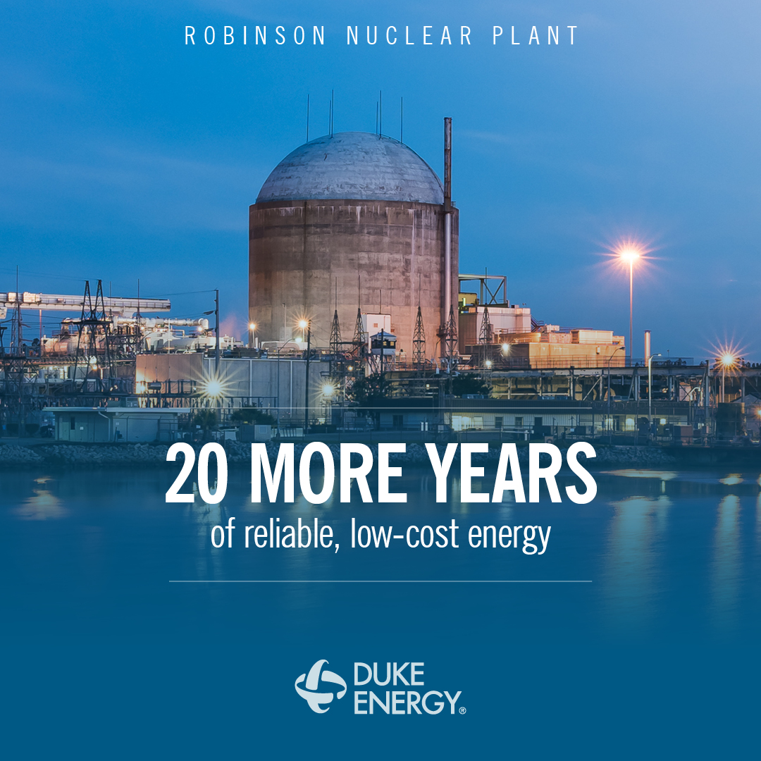 Robinson Nuclear Plant by the water at dusk, promoting "20 more years of reliable, low-cost energy" by Duke Energy.
