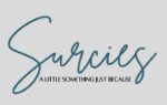 The text "Surcie" in cursive script with the tagline "A little something just because" on a light gray background.