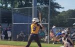 A softball player wearing a yellow jersey with number 5 prepares to bat, while a catcher and spectators are visible in the background on a sunny day.