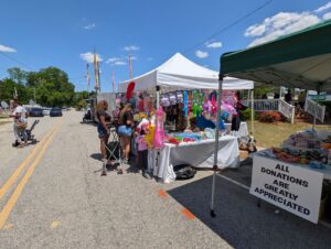 Outdoor street market with people browsing booths selling toys, snacks, and crafts; a sign reads "All donations are greatly appreciated" under a sunny, blue sky.