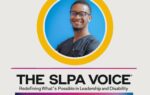 A smiling person in scrubs, circular photo frame, with text: “THE SLPA VOICE—Redefining What’s Possible in Leadership and Disability. Our Voice. Our Time.” Conference or summit panelist.
