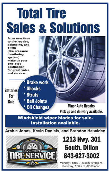 Auto service advertisement with tire image, listing services like brake work, shocks, struts, ball joints, oil changes, minor repairs, batteries, windshield wipers, and installation. Contact information included.