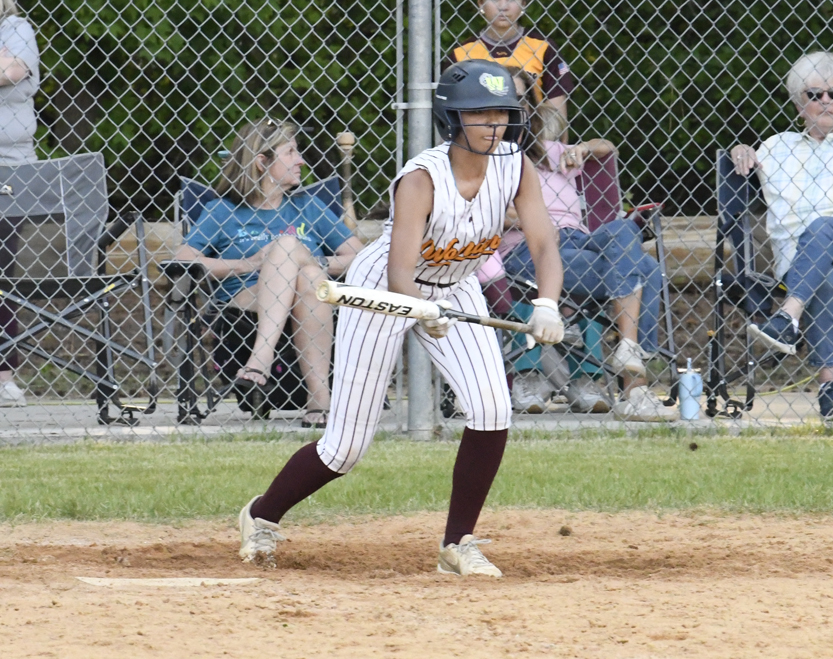 A softball player in striped uniform prepares to bunt at home plate, while spectators watch from behind a chain-link fence in the background.