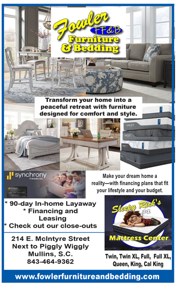 Furniture and mattress ad featuring living room and dining sets, financing options, 90-day layaway, close-outs, and an image of a chocolate dessert.