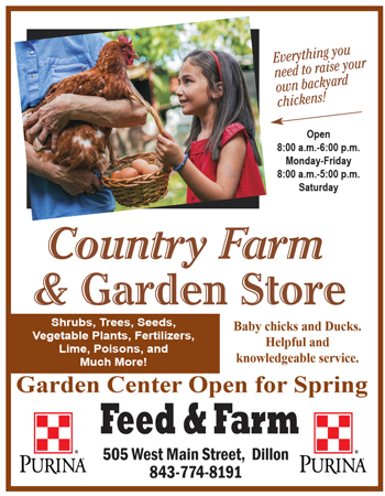Smiling girl holding a chicken, promoting Country Farm & Garden Store with information about plants, seeds, feed, and baby chicks. Store hours and services included.