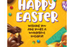 Colorful Easter greeting with chocolate eggs, bunny, candies, and gift box. Text: “Happy Easter. Wishing you and yours a wonderful holiday.” Website: www.dillonnews.org.