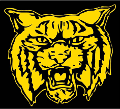 Yellow bobcat head logo with an open mouth, showing teeth, on a black background. The design is bold, graphic, and outlined in black.