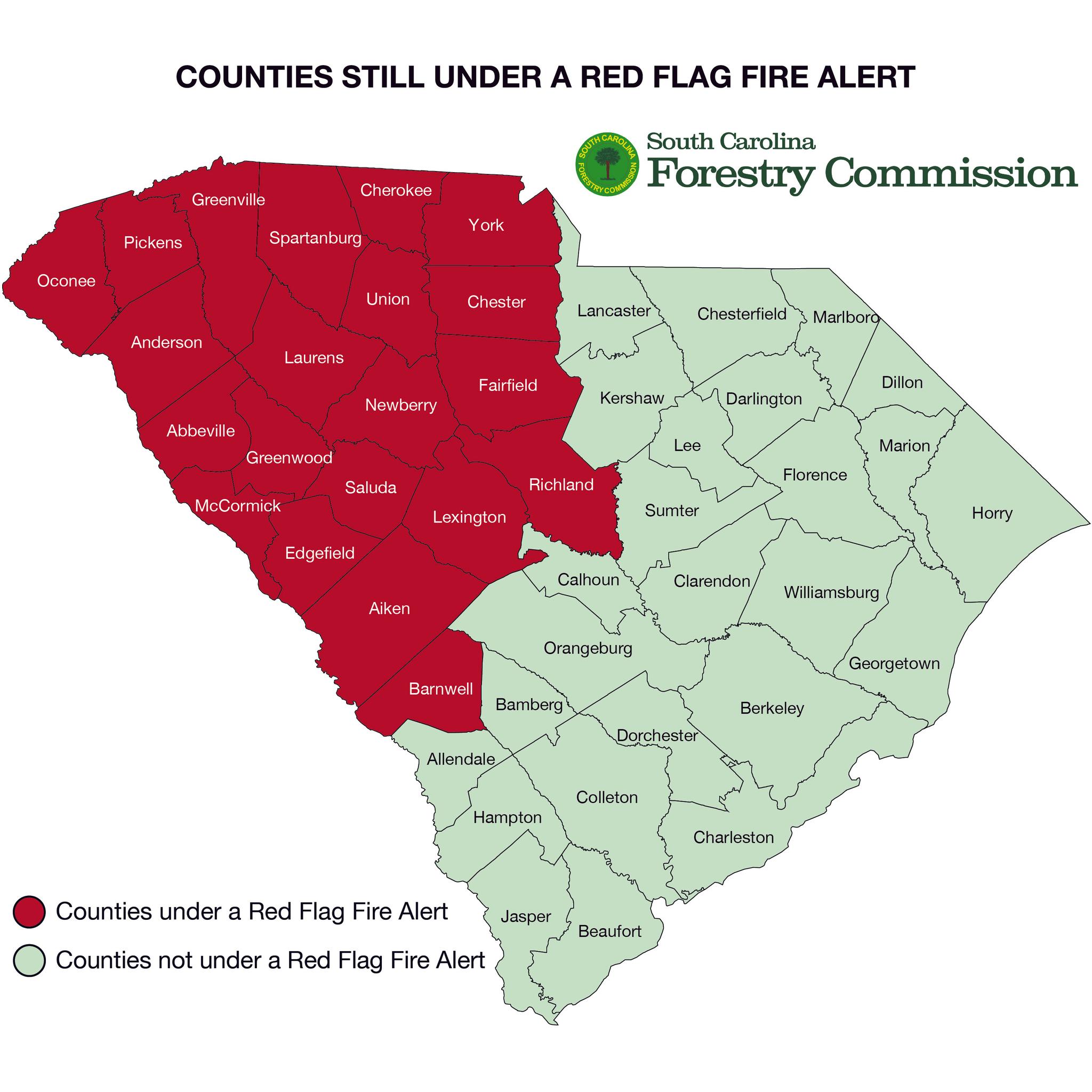 A map of South Carolina with counties under a Red Flag Fire Alert shaded in red, western region highlighted, other counties in green.