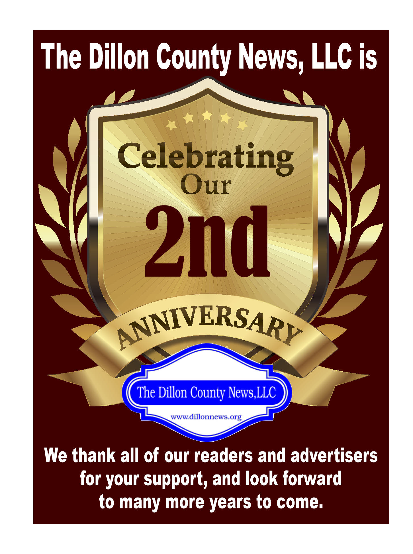 Golden shield with laurel wreath, reads "Celebrating Our 2nd Anniversary." Below, thanks to readers and advertisers from The Inba County News, LLC.