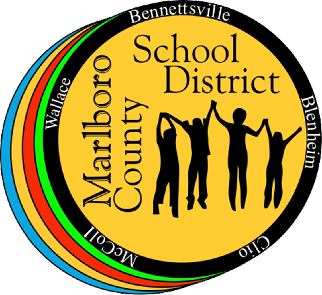 Marlboro County School District logo with silhouettes of four people holding hands and names of locations around the edge.