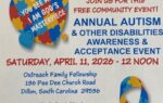 Flyer for Annual Autism & Disabilities Awareness Event on April 11, 2026, with a puzzle heart, ribbon, event details, and colorful decorations.