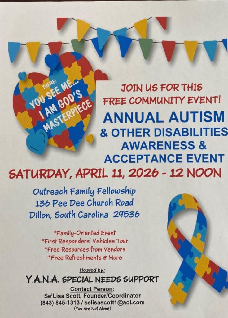 Flyer for Annual Autism & Disabilities Awareness Event on April 11, 2026, with a puzzle heart, ribbon, event details, and colorful decorations.