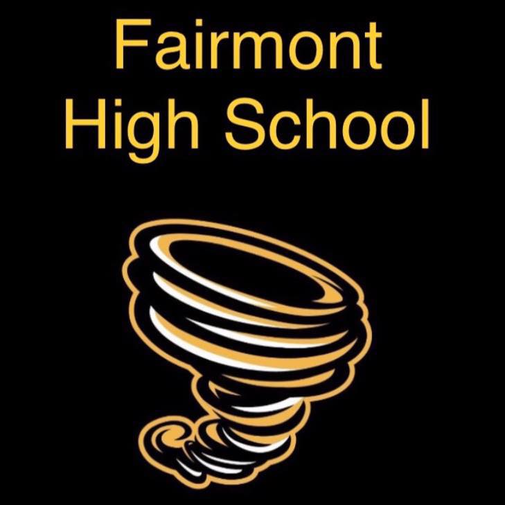 Fairmont High School text above a gold and black tornado graphic on a black background.