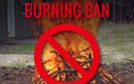 A campfire with a red prohibition sign overlay, text reads "Statewide Burning Ban," indicating a ban on burning. Forestry Commission logo at the bottom.