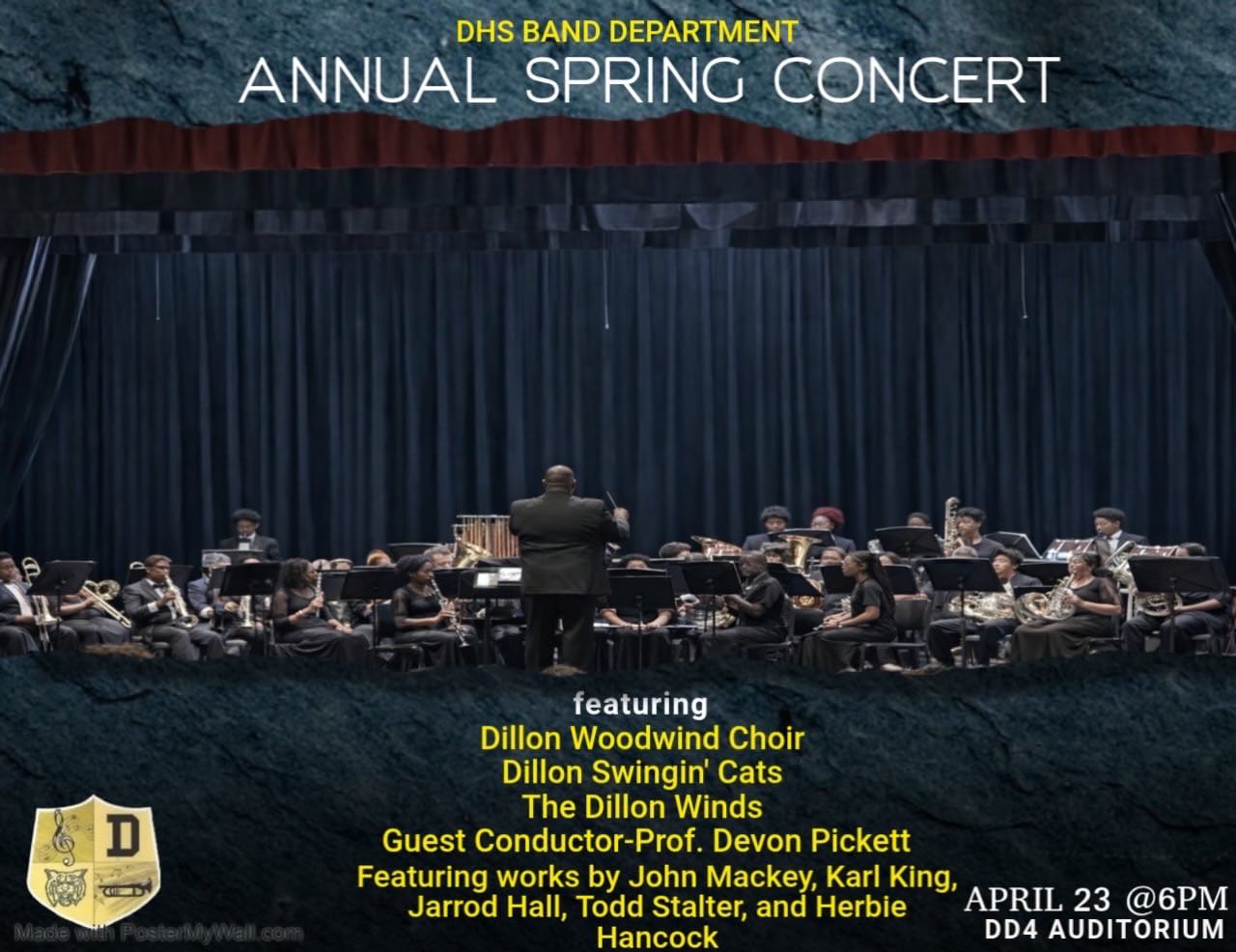 Conductor leads a large band on stage with choir behind, promoting the EHS Band Spring Annual Concert featuring guest conductor and special performances.
