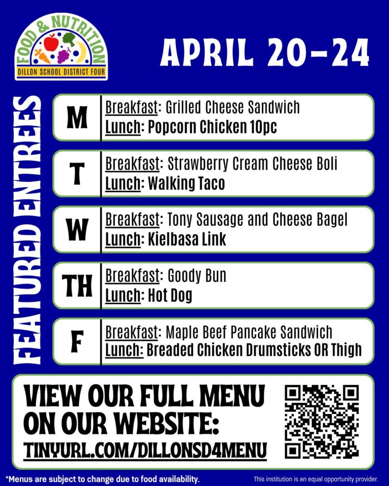 School lunch menu for April 20-24 with daily breakfast and lunch entrees listed for each weekday, plus a QR code to view the full menu online.