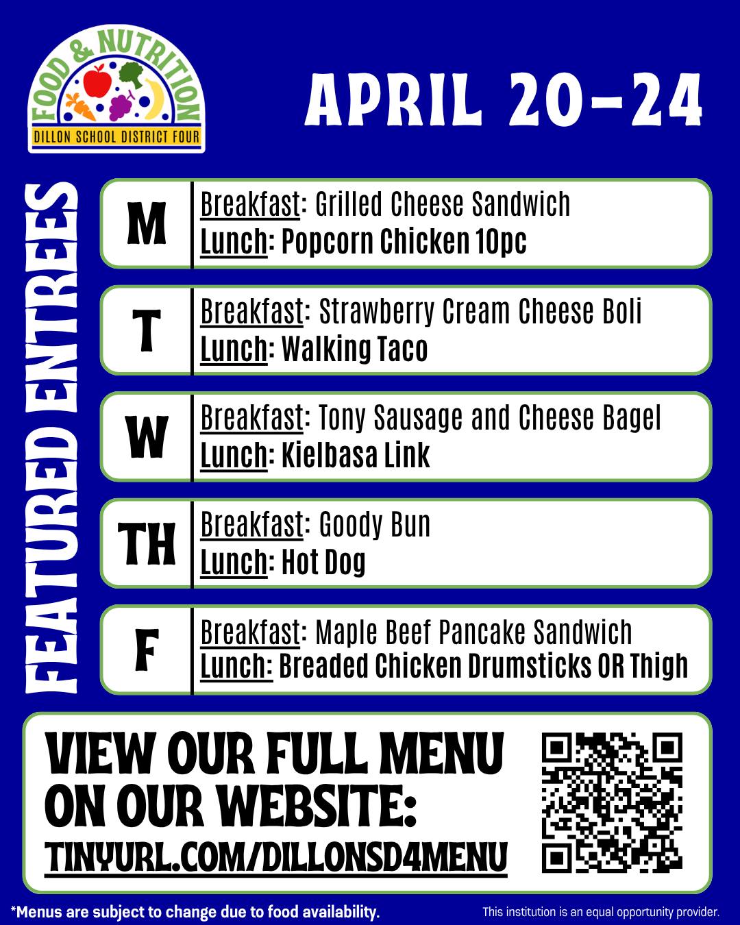 School lunch menu for April 20-24 with daily breakfast and lunch entrees listed for each weekday, plus a QR code to view the full menu online.