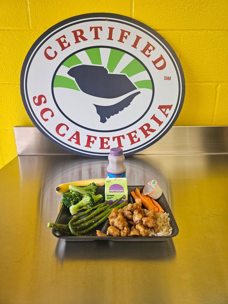 Certified South Carolina Cafeteria sign with a plate including asparagus on it.