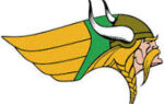Cartoon logo of a Viking head with a horned helmet, braided blonde hair, and a green and yellow winged design extending from the back.