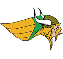 Cartoon logo of a Viking head with a horned helmet, braided blonde hair, and a green and yellow winged design extending from the back.