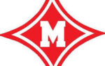 A bold red letter "M" centered inside a red diamond-shaped outline on a white background.