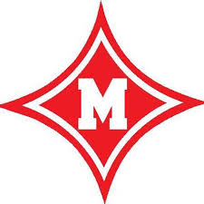 A bold red letter "M" centered inside a red diamond-shaped outline on a white background.
