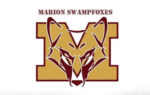 Logo with a large “M,” a stylized fox head in the center, and the text “Marion Swampfoxes” above.